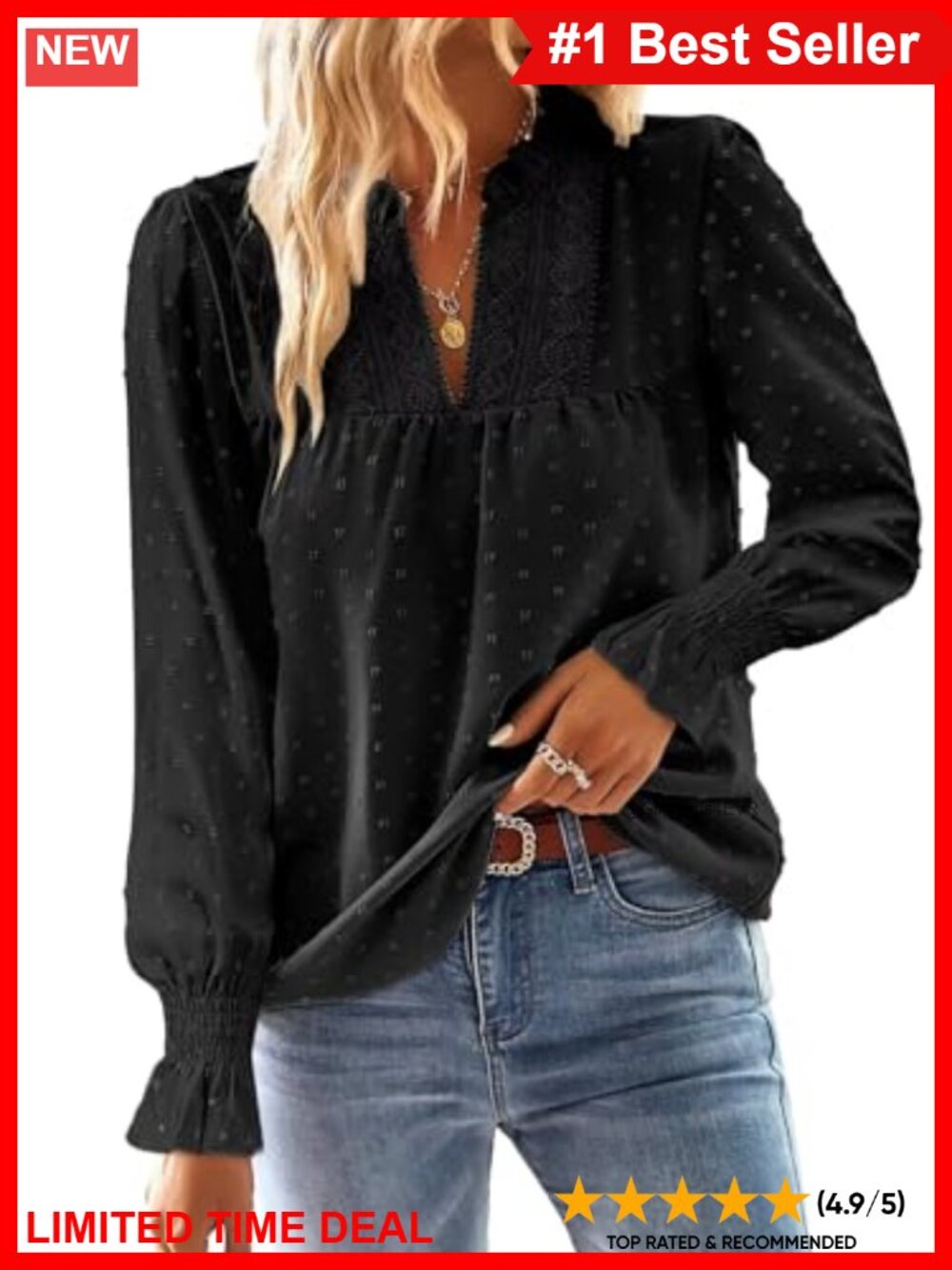 Womens V-Neck Crochet Lace Blouse Long Sleeve Swiss Dot Dressy Casual Top